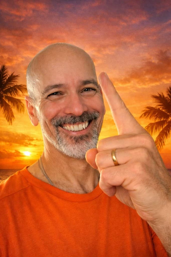 Coach Michel sorrindo e apontando o dedo número 1 ao pôr do sol, representando 1% todo dia